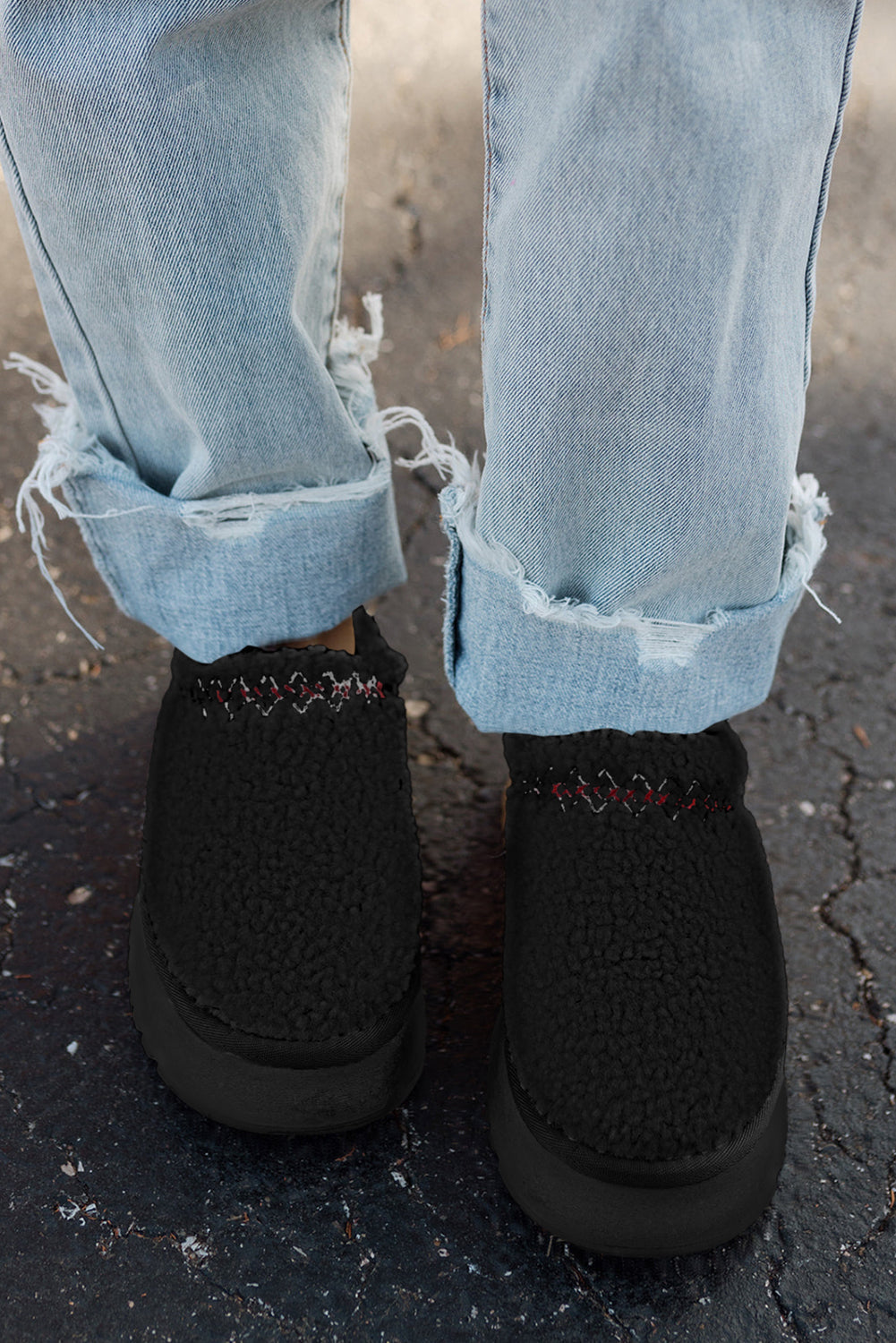 Women's Embroidered Black Sherpa Plush Snow Boots with Thick Sole for Cozy Comfort and Chic Winter Style