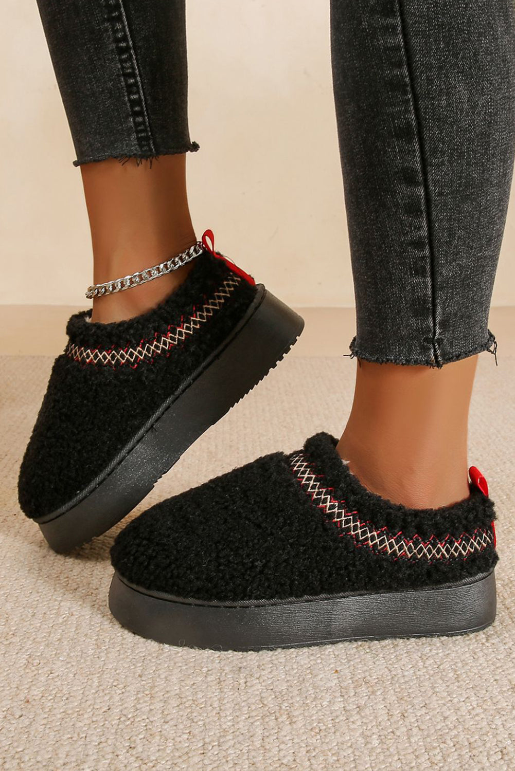 Women's Embroidered Black Sherpa Plush Snow Boots with Thick Sole for Cozy Comfort and Chic Winter Style