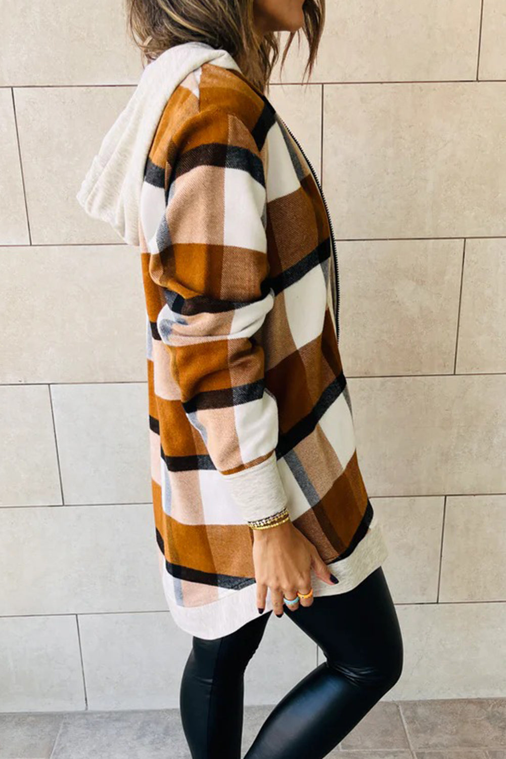 Stylish Women's Brown Vintage Plaid Hooded Zip-Up Jacket with Contrast Trim - Cozy Fall Outerwear for Effortless Chic