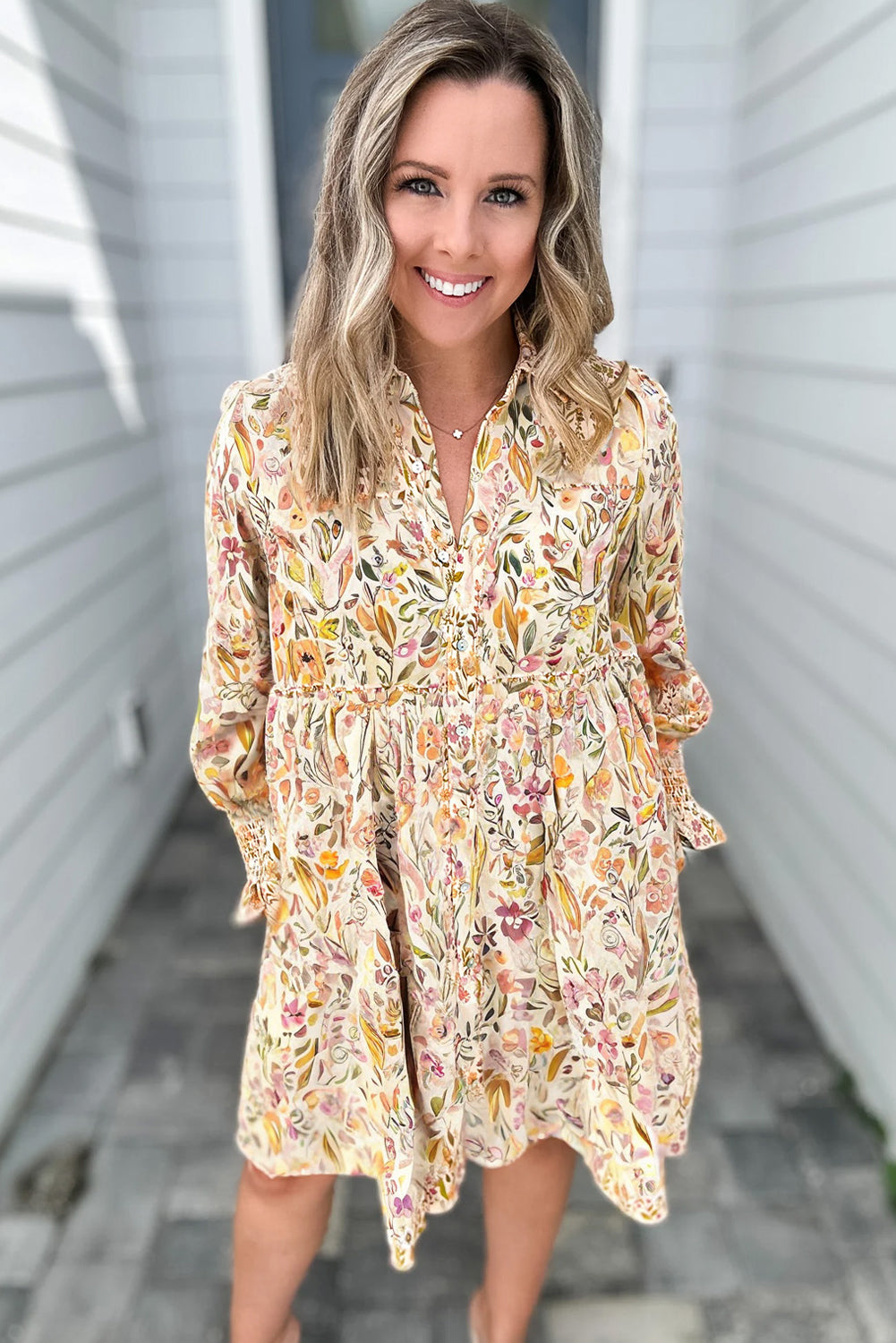 Women's Spring Floral Print Yellow Dress with Long Sleeves, Smocked Cuffs, and Frilly Trim Casual Loose Fit