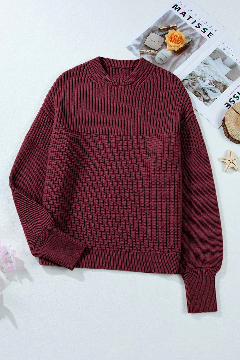 Chic Burgundy Textured Knit Crew Neck Sweater for Women - Cozy, Comfortable Fit Perfect for Casual or Dressy Looks