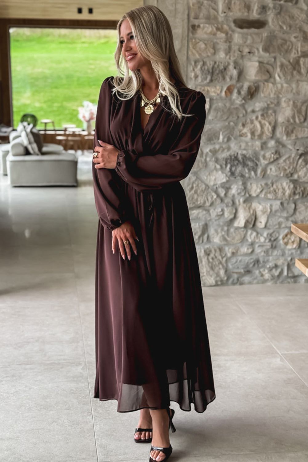 Chic Dark Brown Long Sleeve V-Neck Pleated High Waist Maxi Dress for Women Ideal for Formal and Casual Events