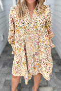Women's Spring Floral Print Yellow Dress with Long Sleeves, Smocked Cuffs, and Frilly Trim Casual Loose Fit
