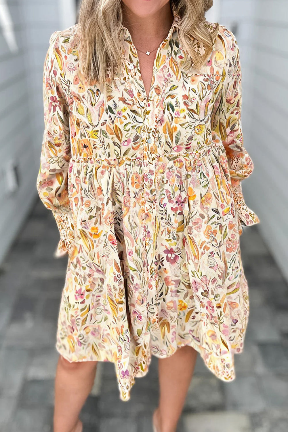 Women's Spring Floral Print Yellow Dress with Long Sleeves, Smocked Cuffs, and Frilly Trim Casual Loose Fit