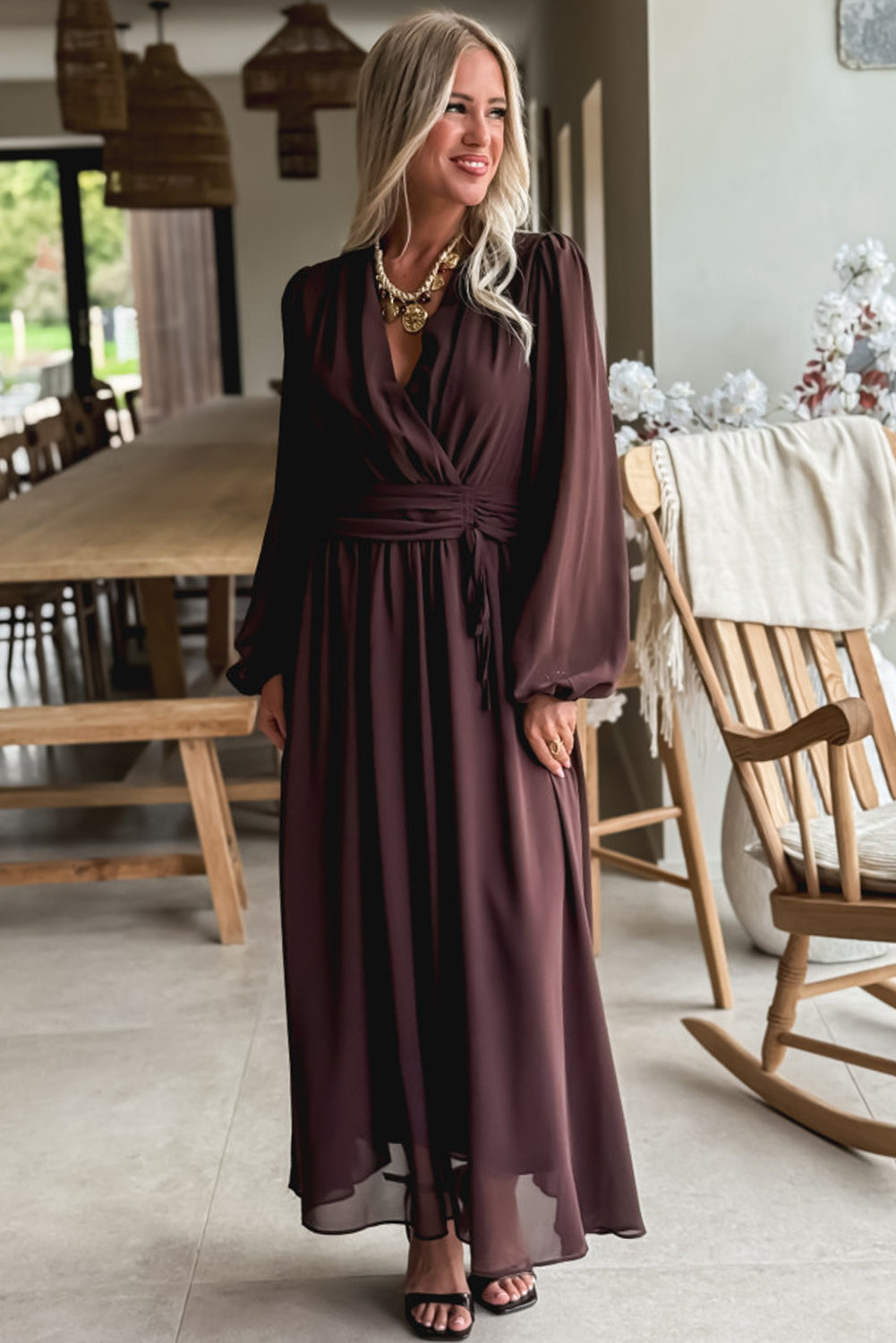 Chic Dark Brown Long Sleeve V-Neck Pleated High Waist Maxi Dress for Women Ideal for Formal and Casual Events