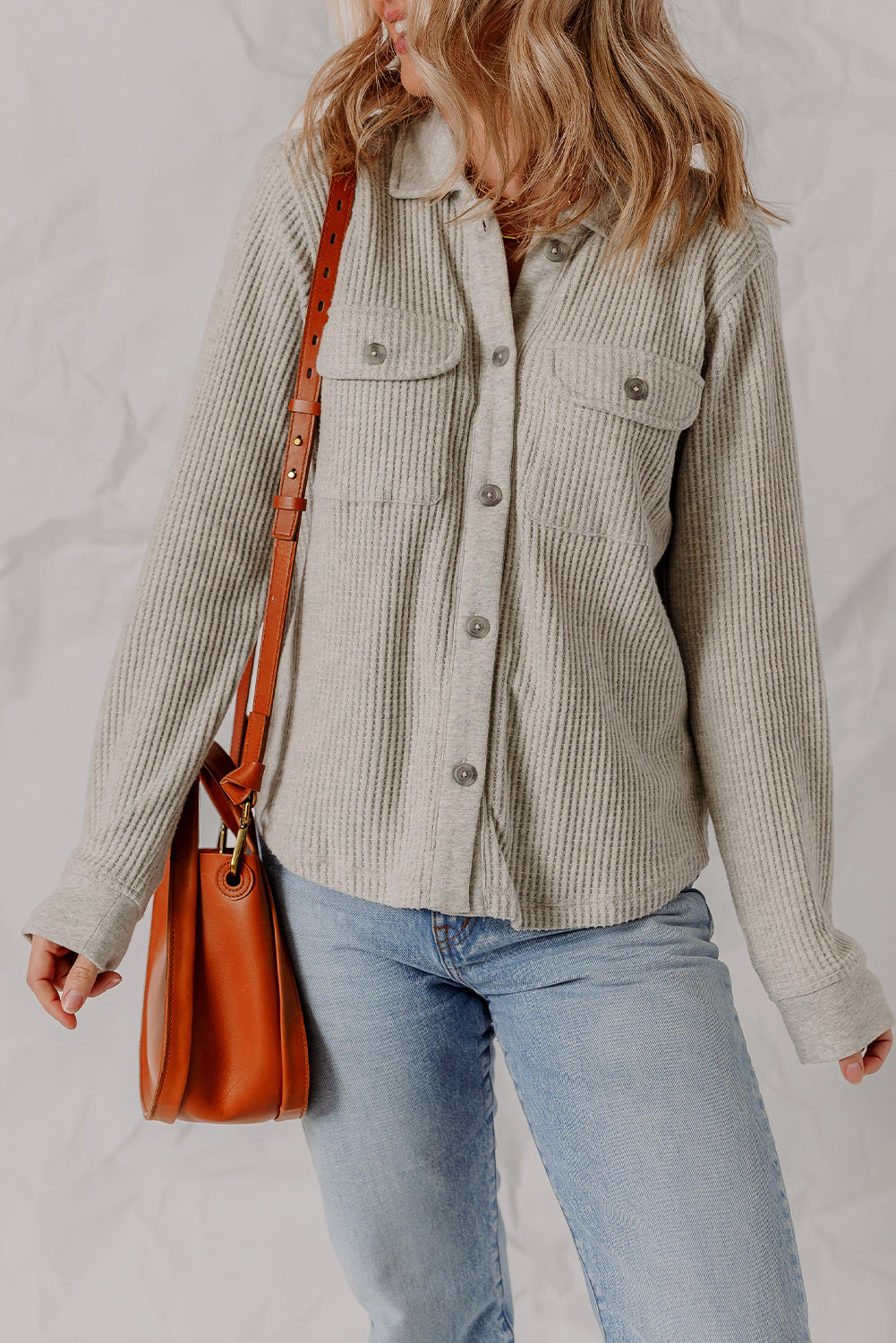 Stylish Women's Light Grey Waffle Textured Shacket with Pocket - Versatile Layering Jacket for Effortless Outfits