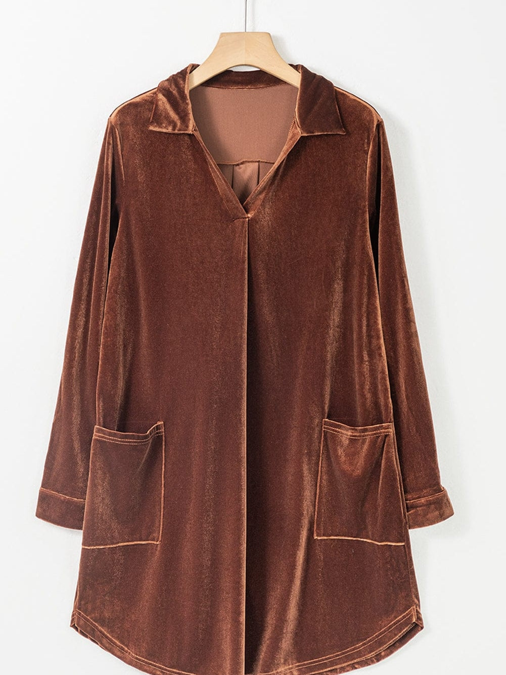 Elegant Coffee Velvet Shift Dress with Collared V Neck & Pockets