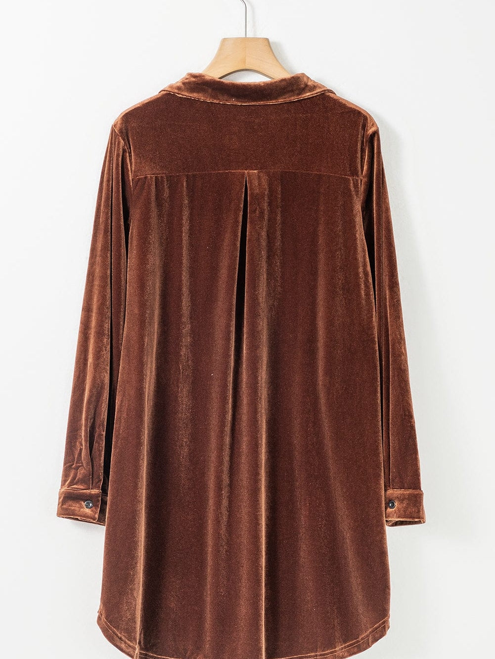 Elegant Coffee Velvet Shift Dress with Collared V Neck & Pockets