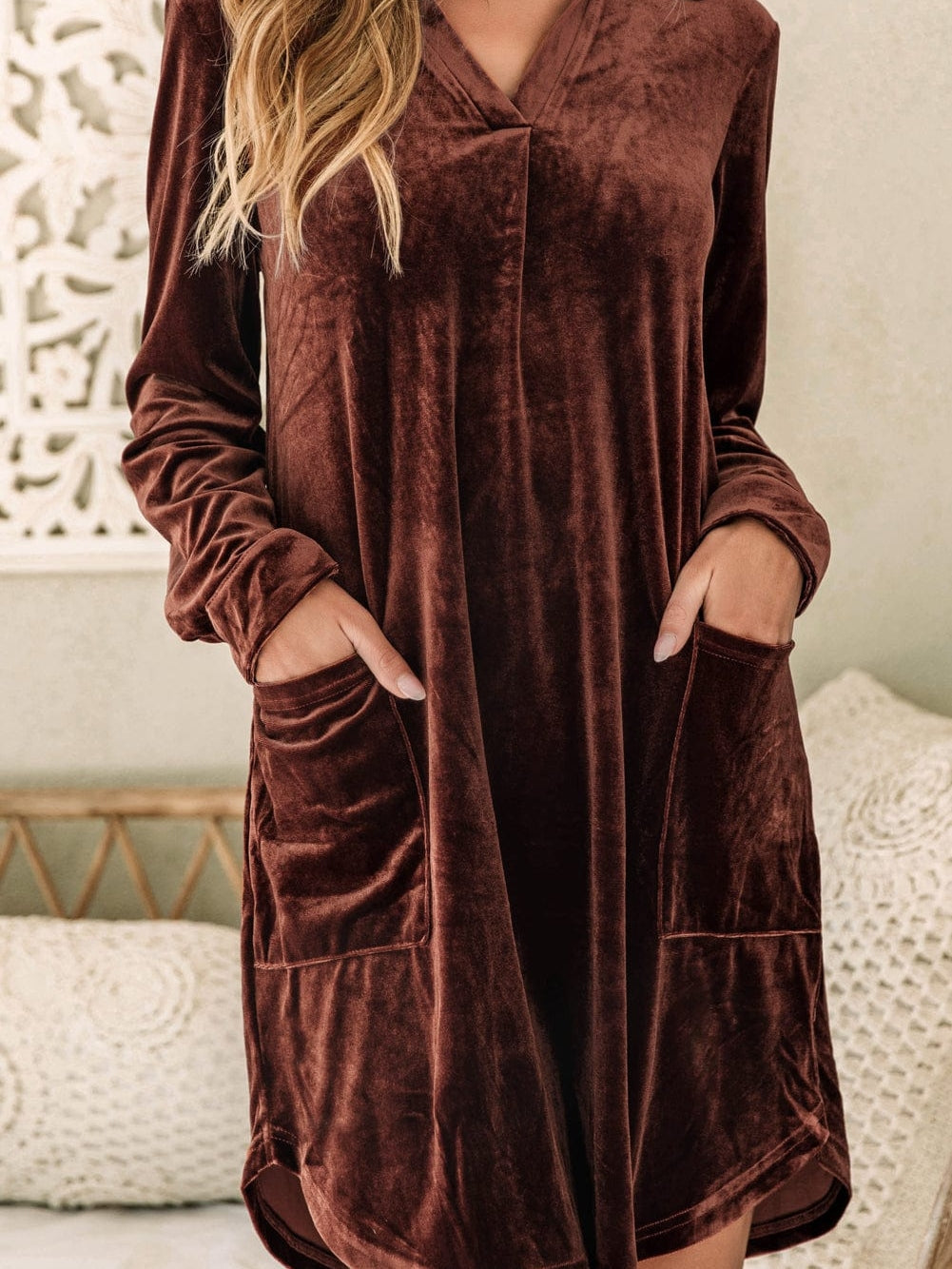 Elegant Coffee Velvet Shift Dress with Collared V Neck & Pockets
