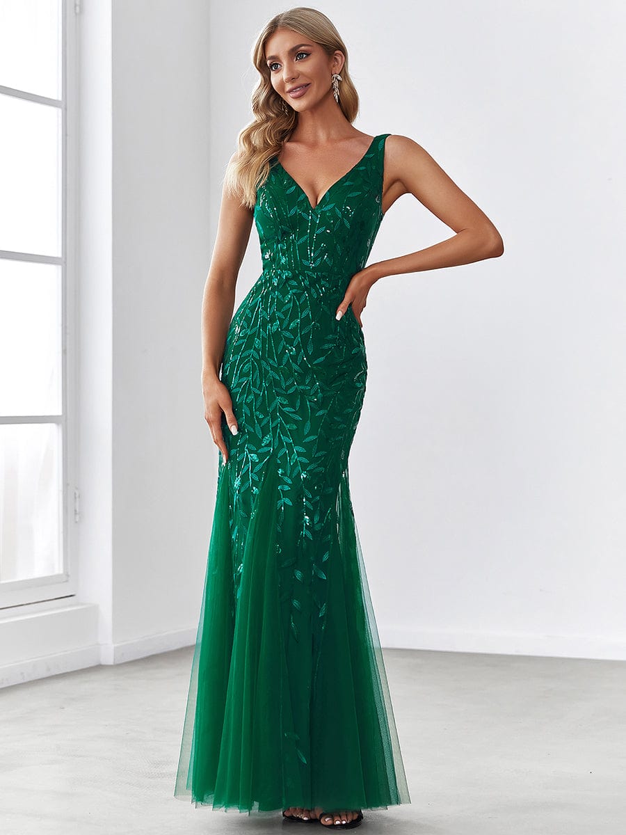 Glamorous Sequin Embellished V-Neck Mermaid Evening Dress