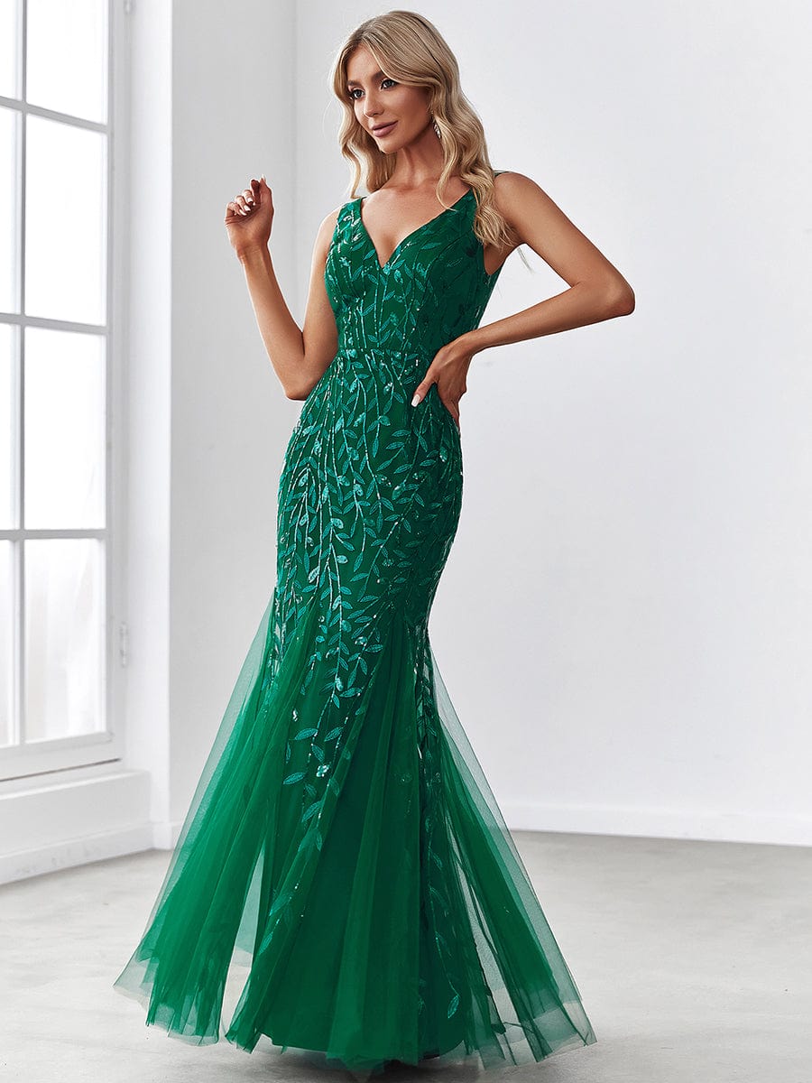 Glamorous Sequin Embellished V-Neck Mermaid Evening Dress