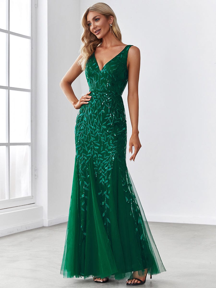 Glamorous Sequin Embellished V-Neck Mermaid Evening Dress