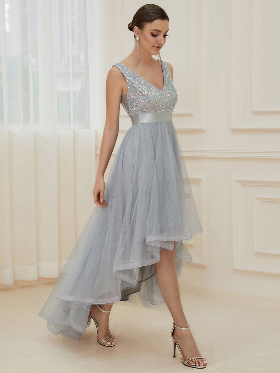 Elegant Sparkling Asymmetrical Hem Deep V Neck Evening Dress