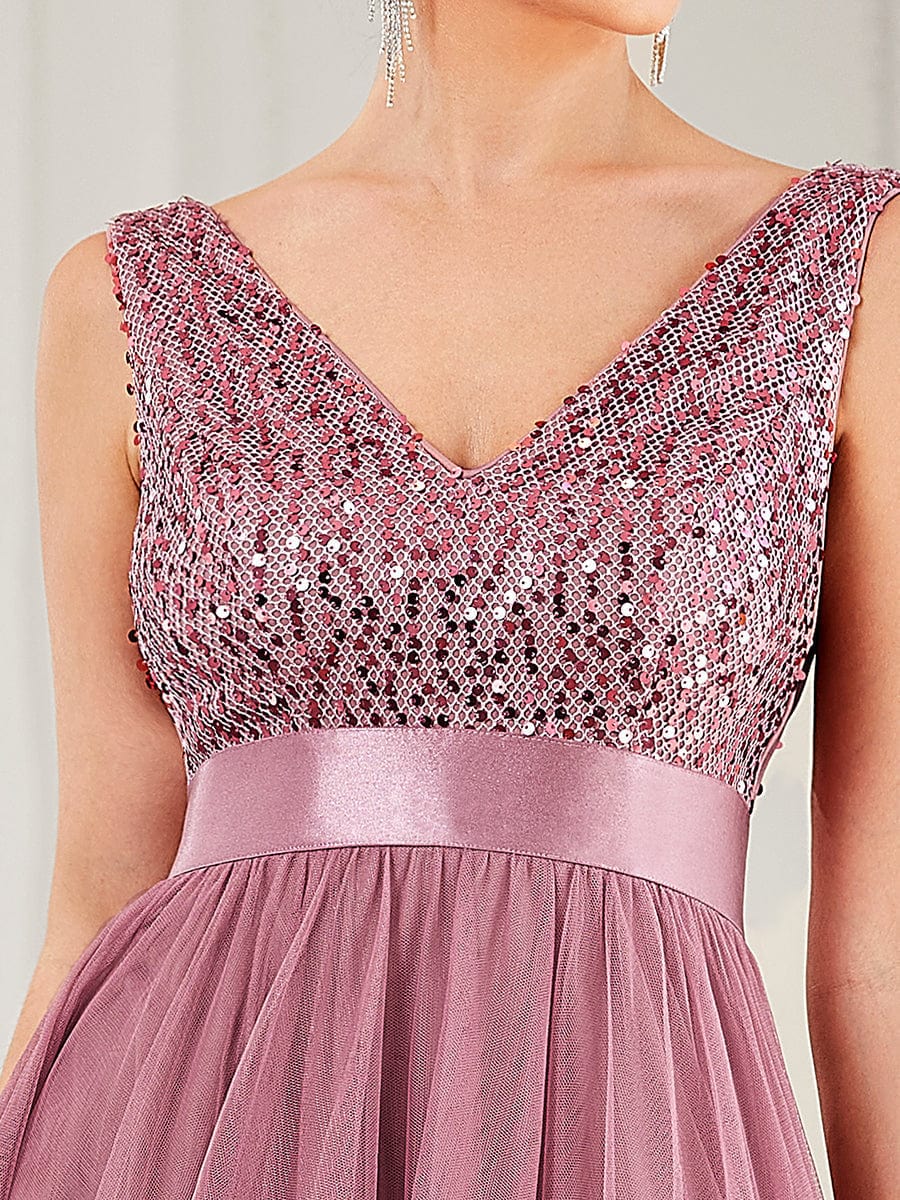 Elegant Sparkling Asymmetrical Hem Deep V Neck Evening Dress