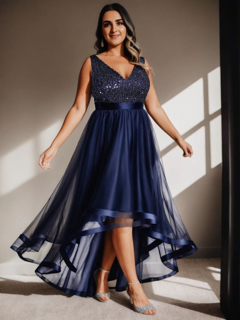 Elegant Sparkling Asymmetrical Hem Deep V Neck Evening Dress