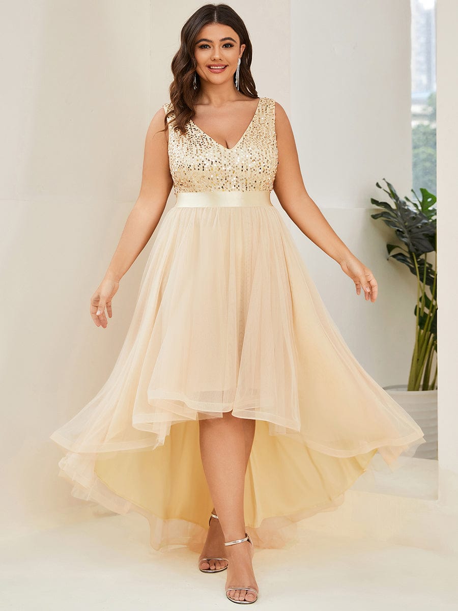 Elegant Sparkling Asymmetrical Hem Deep V Neck Evening Dress