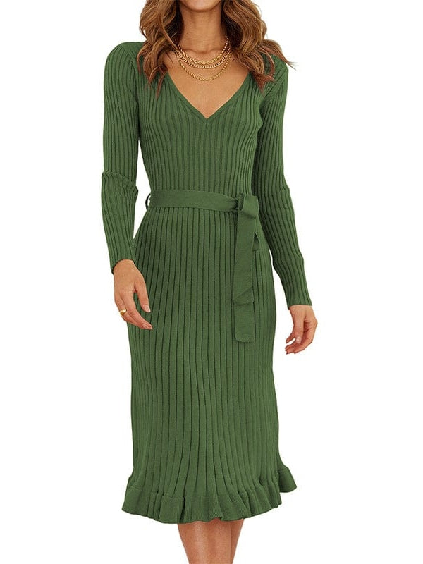 Elegant V-Neck Knitted Dress With Long Sleeves And High Waist