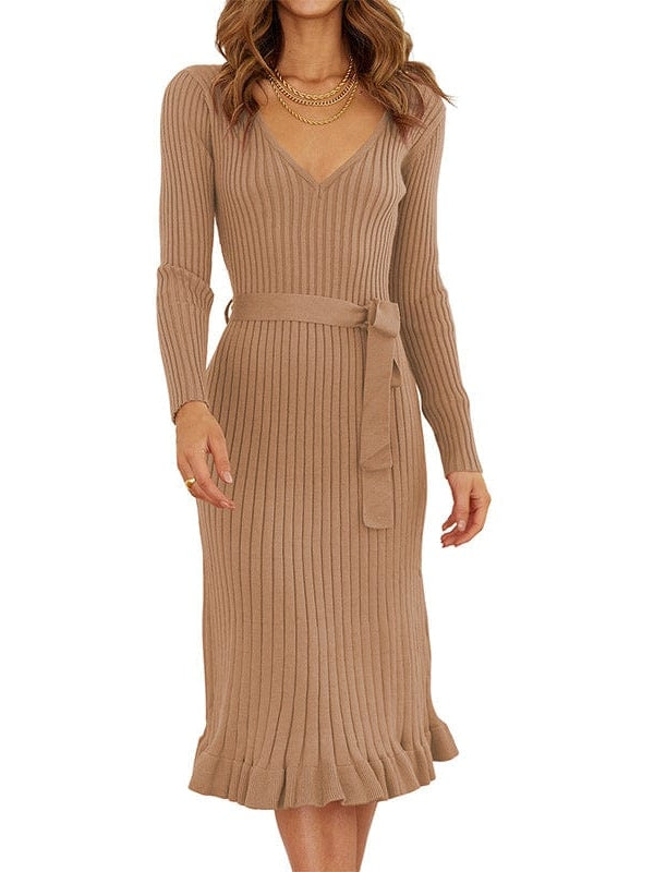Elegant V-Neck Knitted Dress With Long Sleeves And High Waist