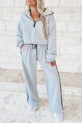 Women's Light Grey Zipped Polo Collar Pullover with Contrast Piping & Drawstring Sweatpants Lounge Set