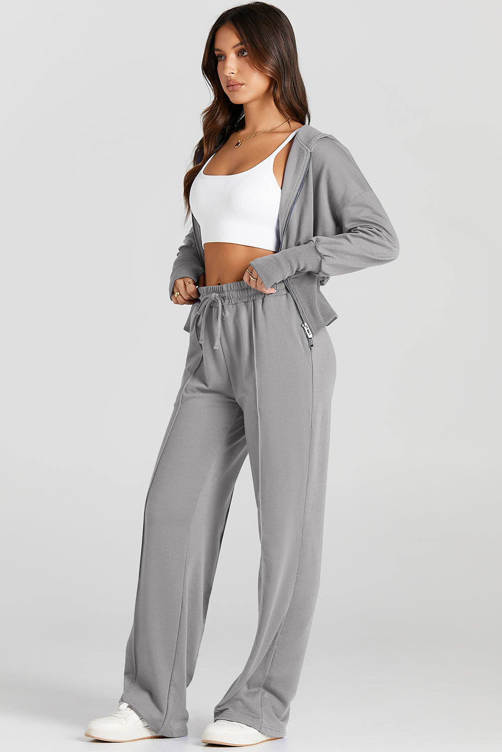 Women's Gray Hooded Jacket & Sweatpants Activewear Set Stylish Comfort for Casual Outings and Workouts