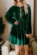 Women's Emerald Green Front Tie Velvet Mini Dress with Bubble Sleeves - Chic, Stylish & Comfortable Fit