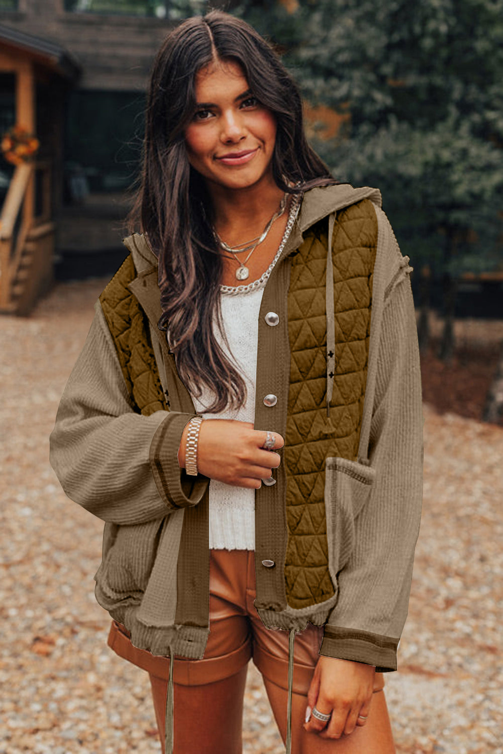 Trendy Women's Jungle Green Quilted Hooded Jacket - Casual Loose Fit with Stylish Textured Patchwork Detail