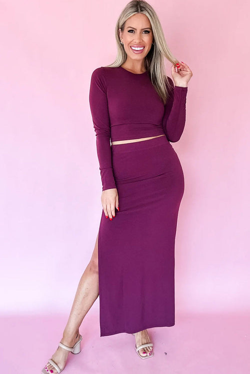 Burgundy Women's Cropped Long Sleeve Bodycon Top with High Waist Maxi Skirt Set - Chic & Stylish Outfit