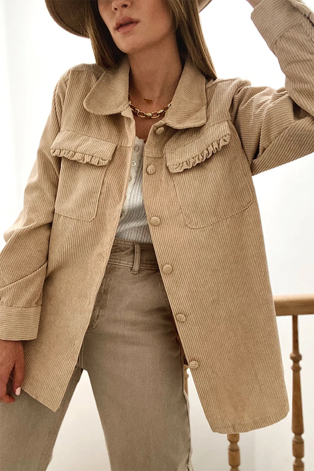 Women's Light Beige Corduroy Shacket with Frilled Pockets - Chic Button-Up Jacket for Casual Fall Fashion