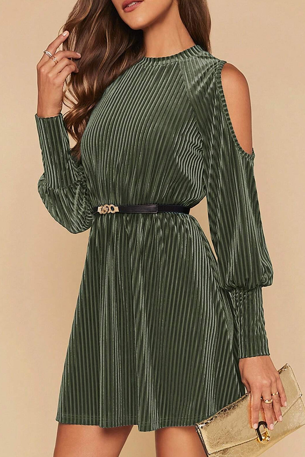Elegant Women's Mist Green Velvet Cold Shoulder Mini Dress with Flared Hem and Textured Bishop Sleeves