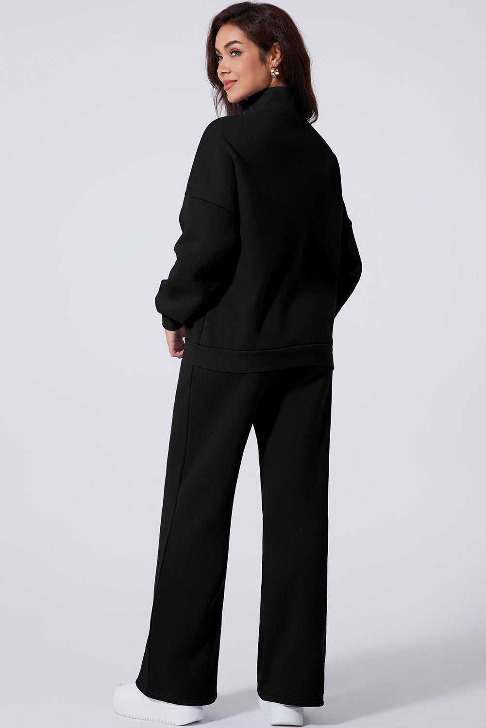Women's Black Drop Shoulder Zip-Up Jacket & Drawstring Pants Activewear Set for Comfortable Fitness Style