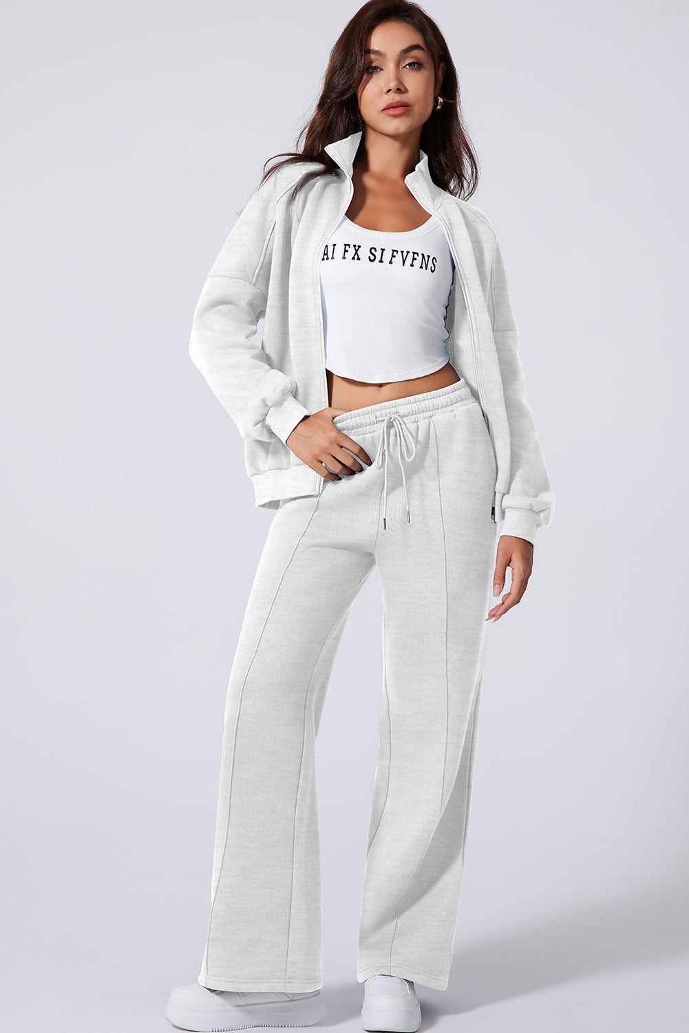 Women's Light Grey Activewear Set: Drop Shoulder Zip-Up Jacket & Drawstring Pants for Stylish Comfort in Fitness