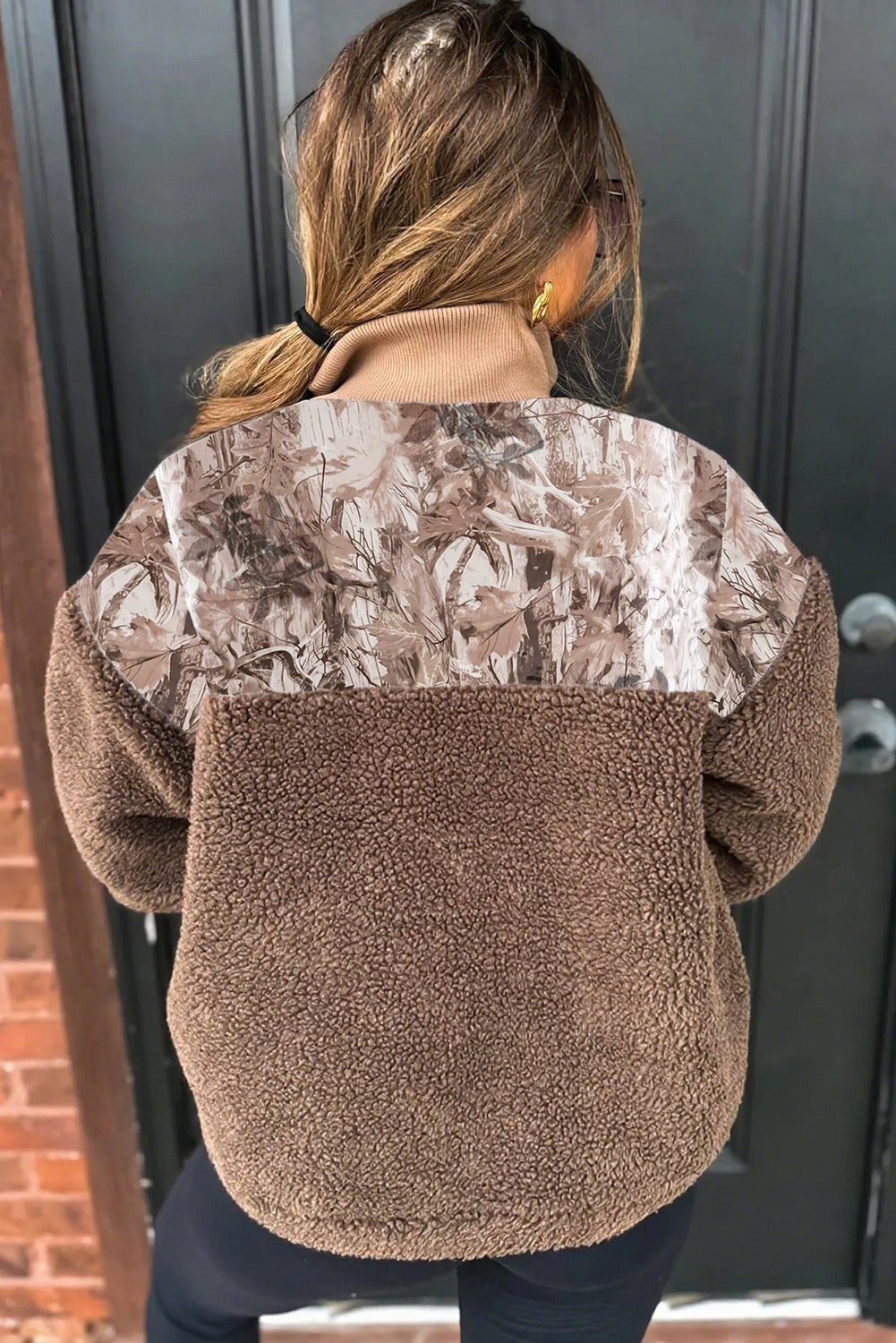 cozy women's dark brown camo and floral print sherpa jacket with zipper - stylish outerwear for fall and winter comfort made for easy styling and with