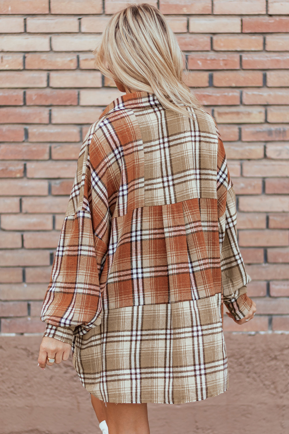 Trendy Women's Khaki Plaid Colorblock High-Low Shacket Jacket - Stylish Layering Essential for Fall Fashion