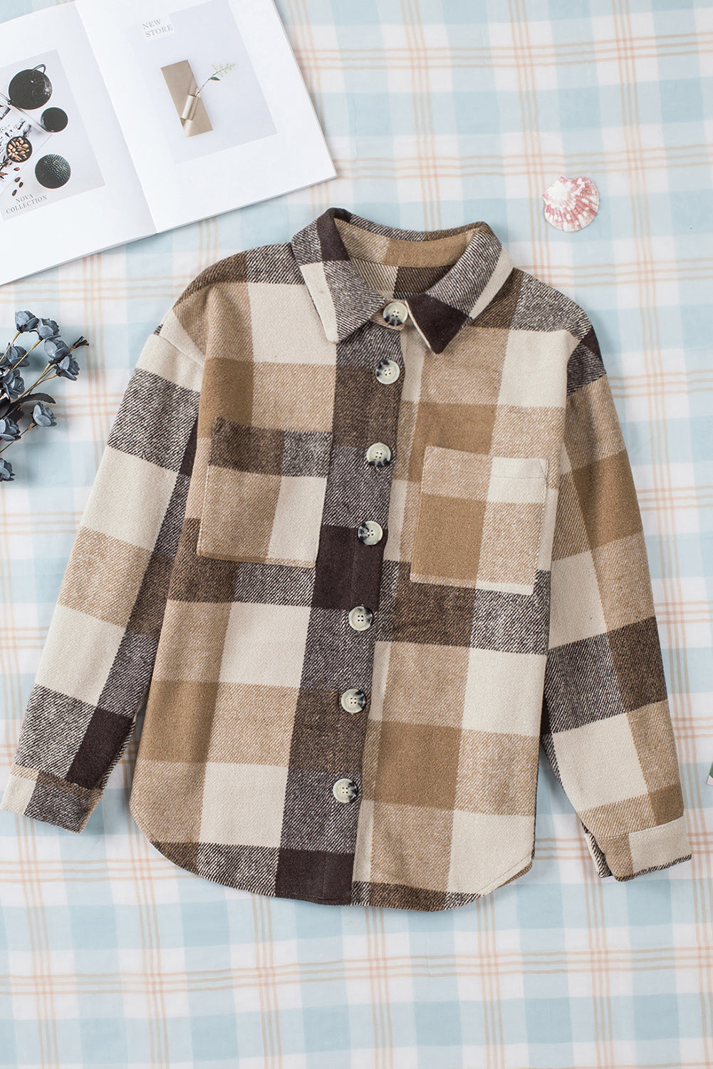 Chic Women's Khaki Plaid Color Block Button-Up Jacket with Pockets Stylish Long Sleeve Outerwear for Casual Fashion