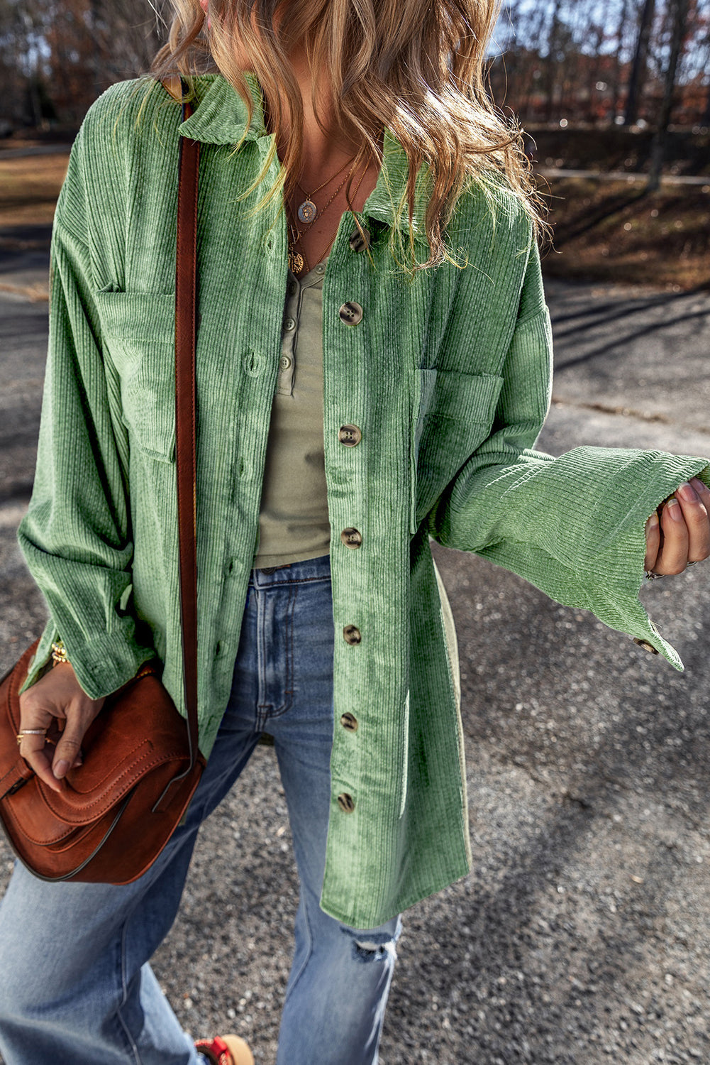 Women's Mist Green Corduroy Shacket with Pockets - Trendy Button-Up Jacket for Effortless Casual Style