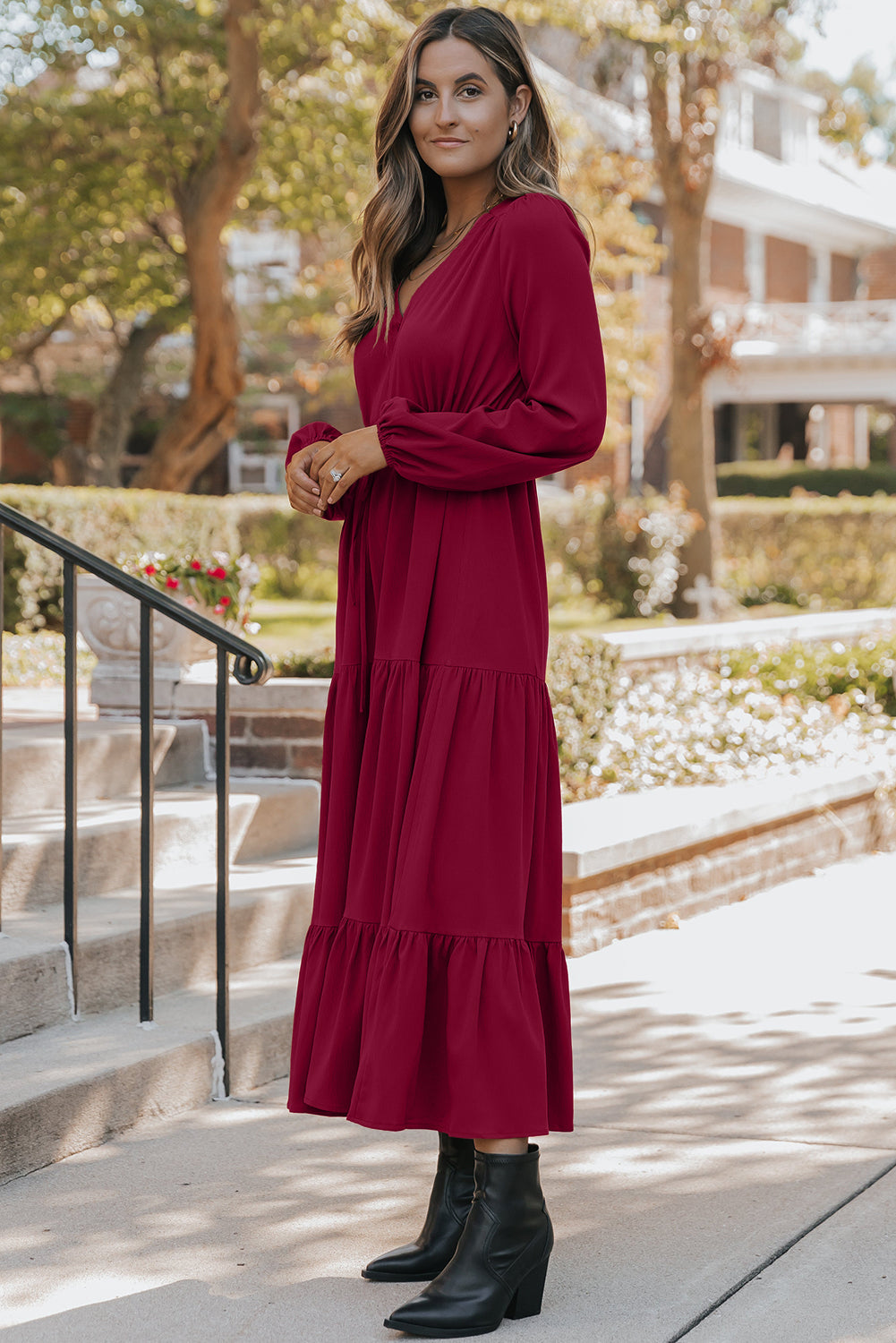 Elegant Burgundy Long Sleeve V-Neck Tiered Maxi Dress for Women Flowy Fit Perfect for Parties and Special Occasions