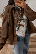 Trendy Women's Coffee Denim Jacket with Patched Pockets, Collared Button Front, Relaxed Fit for Effortless Style