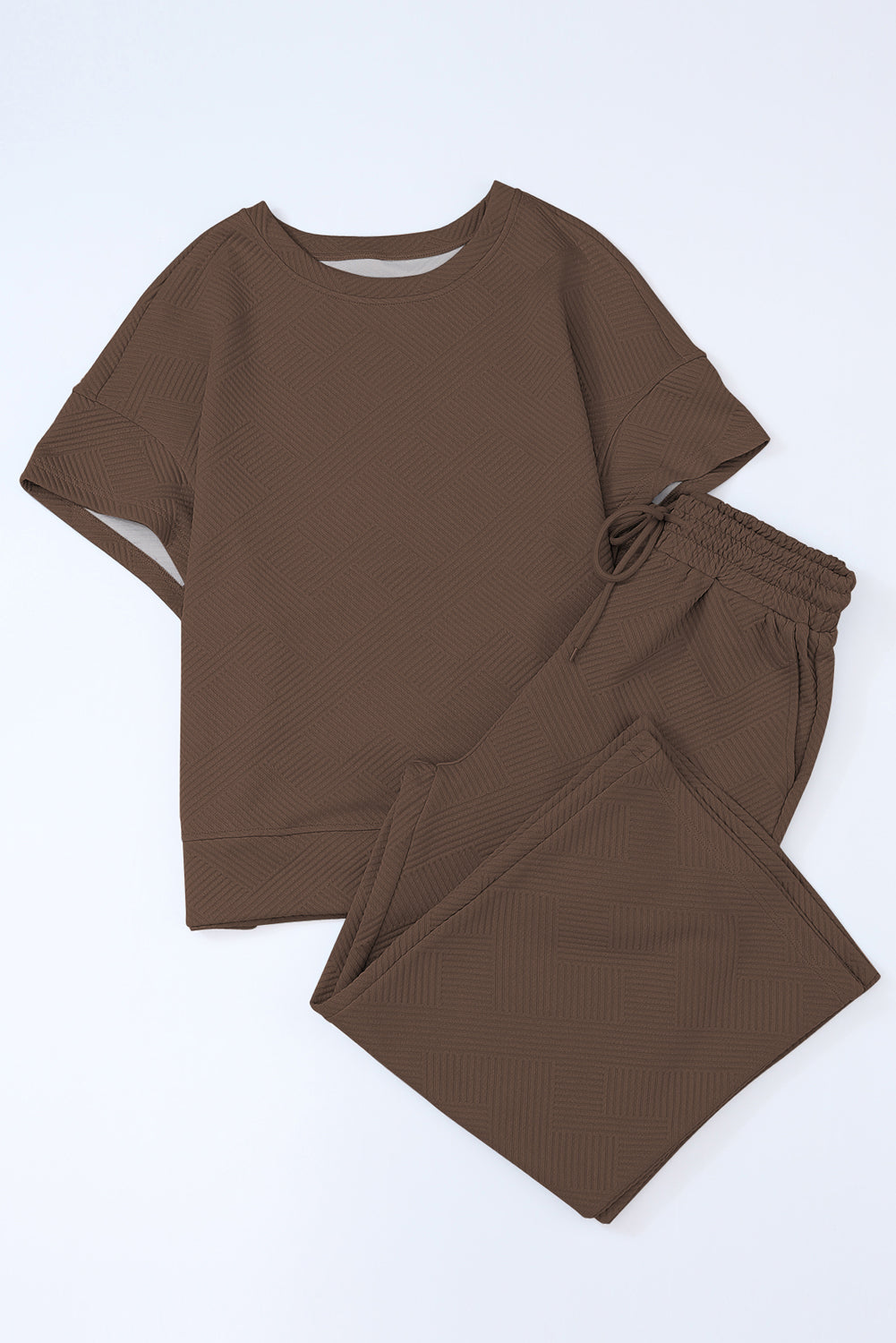 Stylish Brown Textured Lounge Set for Women - Relaxed Fit Tee and Drawstring Pants for Ultimate Comfort and Chic Vibes