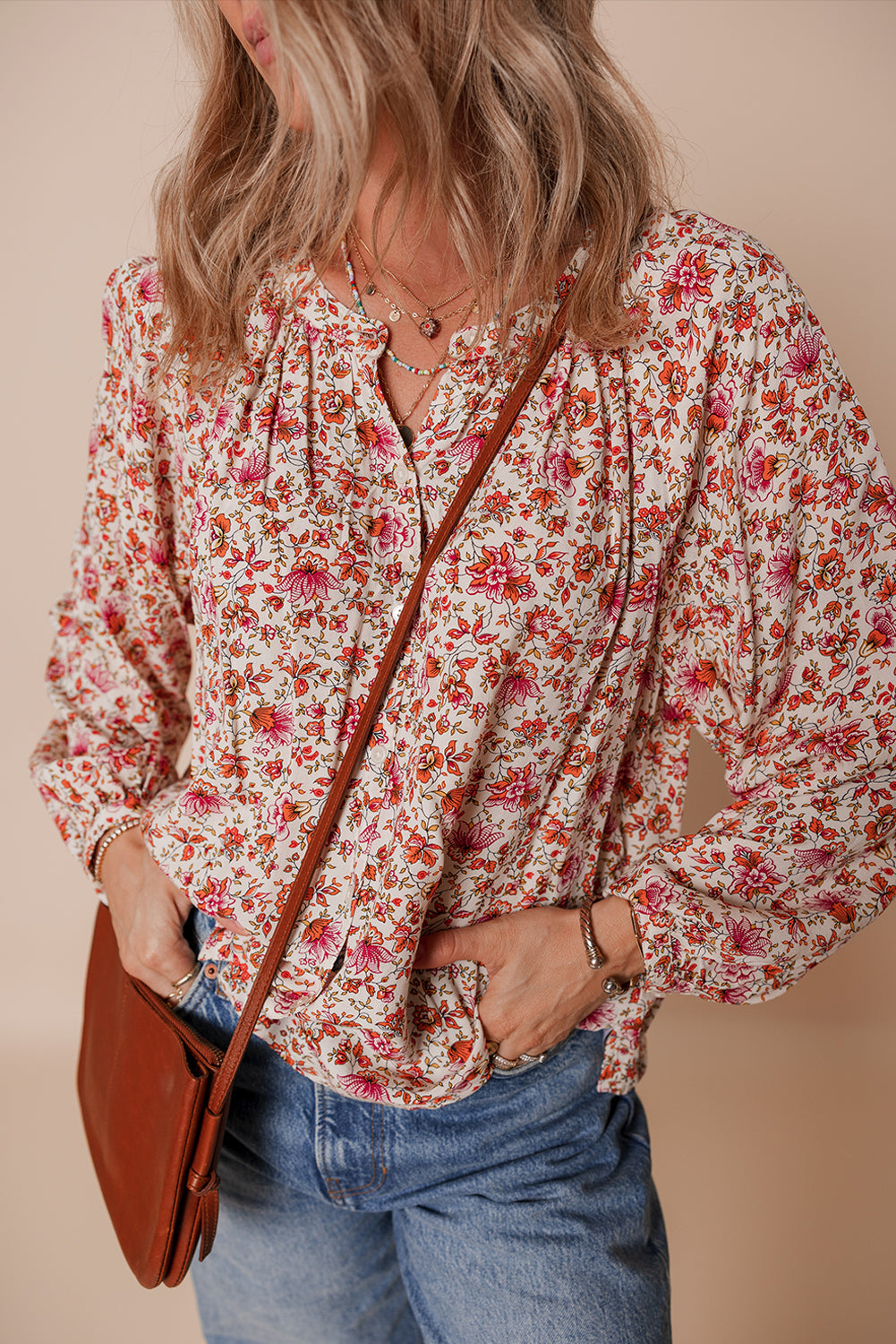 Elegant Women's Red Floral Blouse - Lightweight Short Sleeve Top with Feminine Touch for Casual and Dressy Events