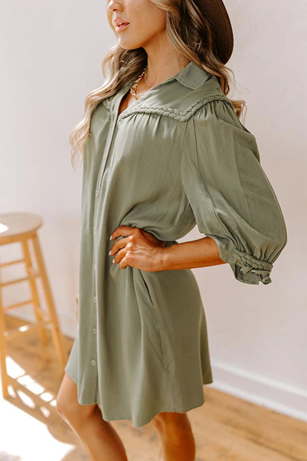 Women's Stylish Solid Color 3/4 Sleeve Mini Shirt Dress with Braided Detail and Four Leaf Clover Design