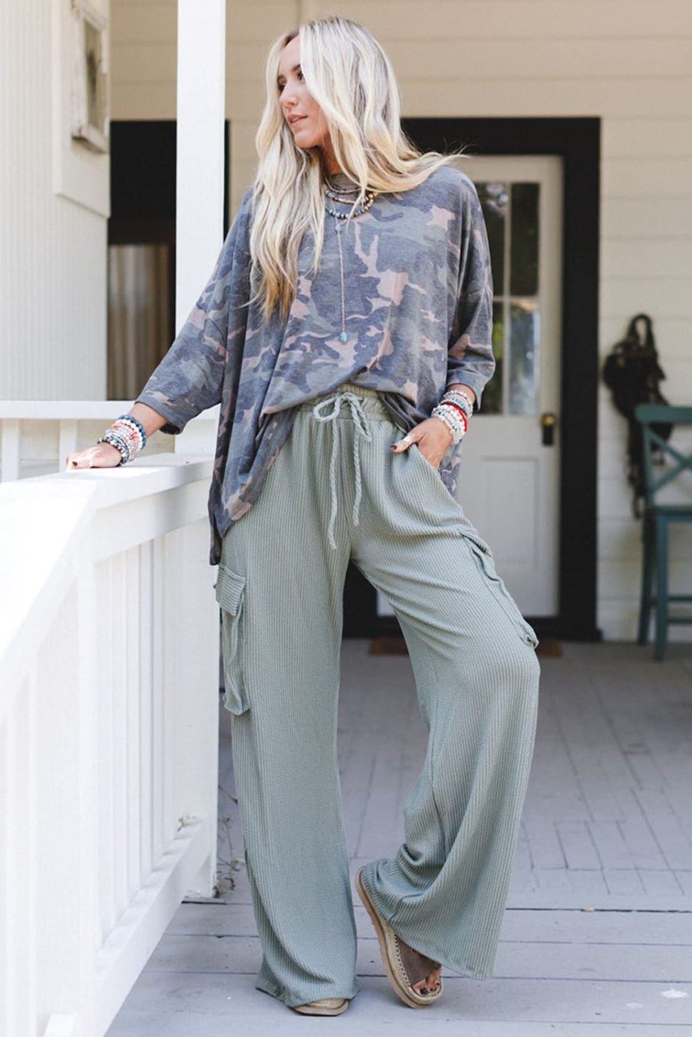 Chic Women's Aqua High Waist Wide Leg Pants with Drawstring & Flap Pockets for Ultimate Comfort and Style