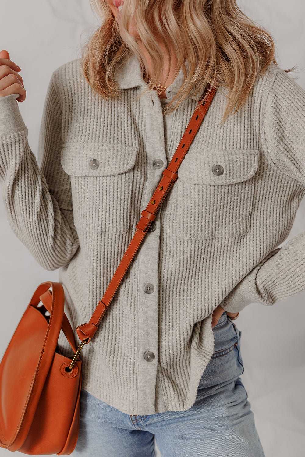 Stylish Women's Light Grey Waffle Textured Shacket with Pocket - Versatile Layering Jacket for Effortless Outfits