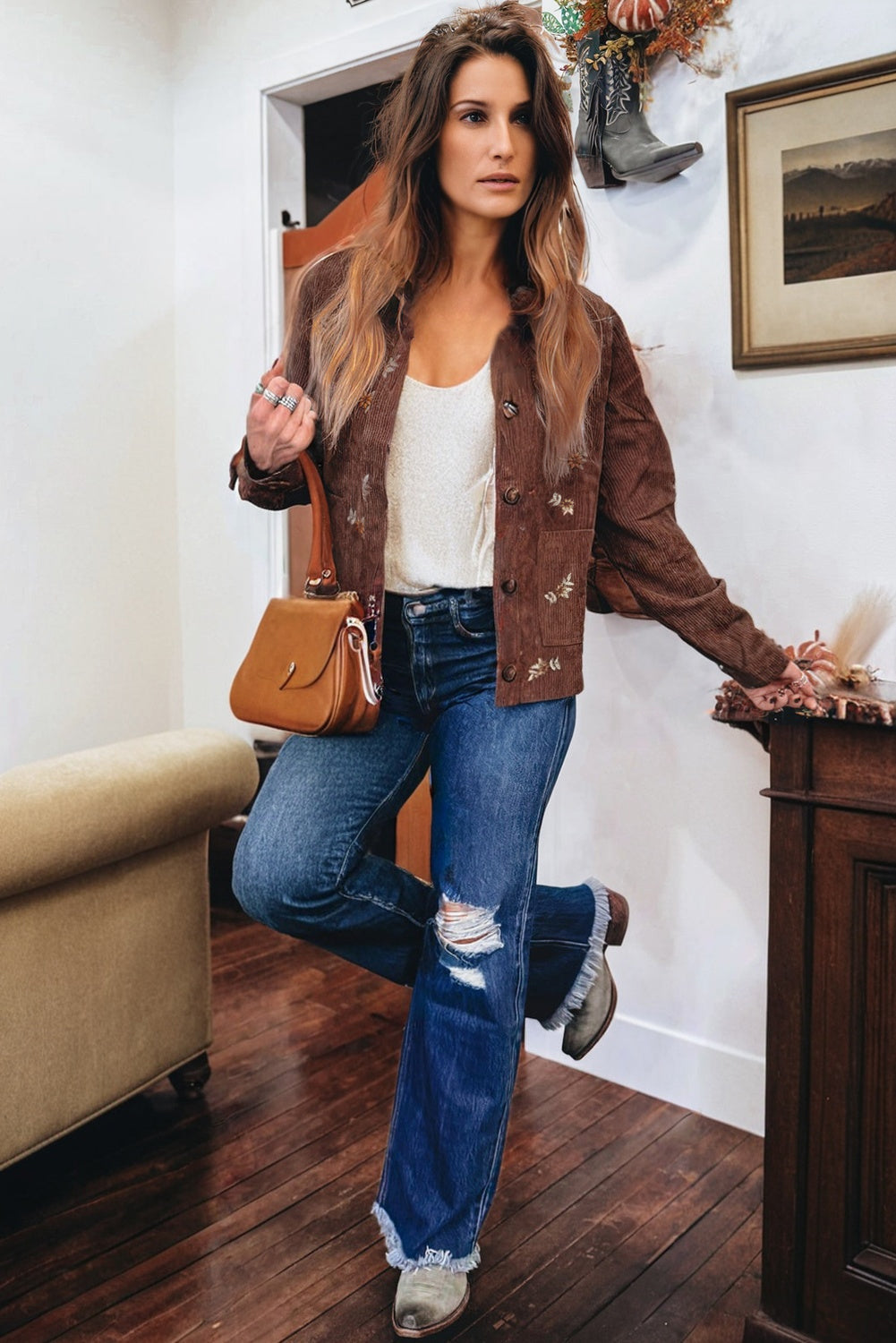 Women's Fall Coffee Floral Embroidered Corduroy Jacket with Button Front, Pockets, and Chic Collar for Effortless Style