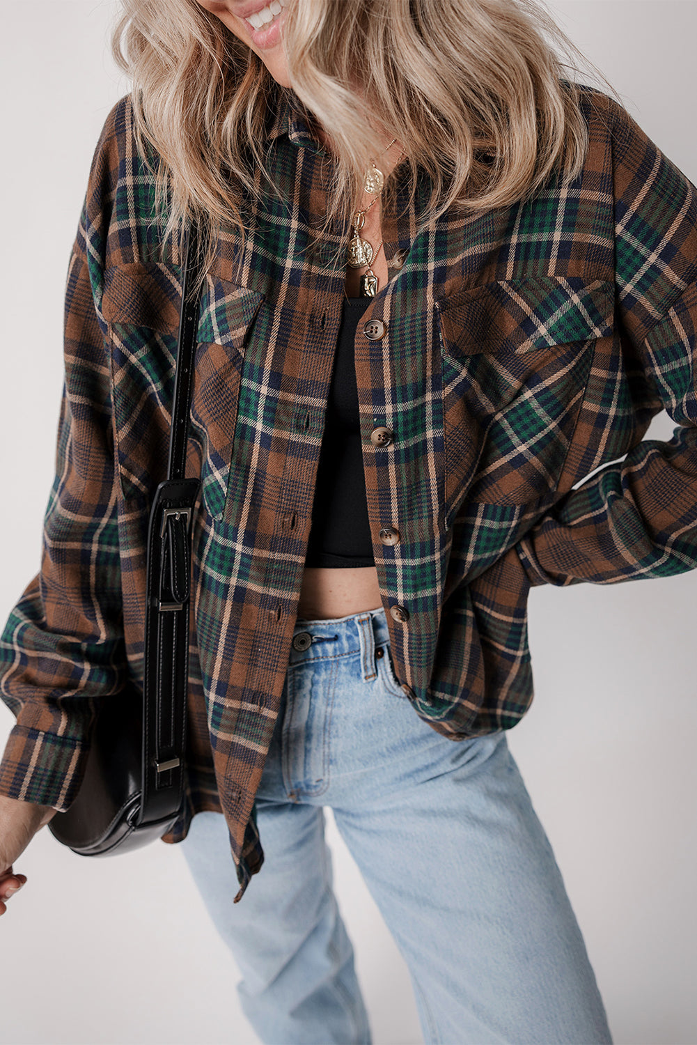 Stylish Women's Brown Plaid Button-Up Shirt Jacket with Chest Pockets Versatile Outerwear for Casual & Chic Looks