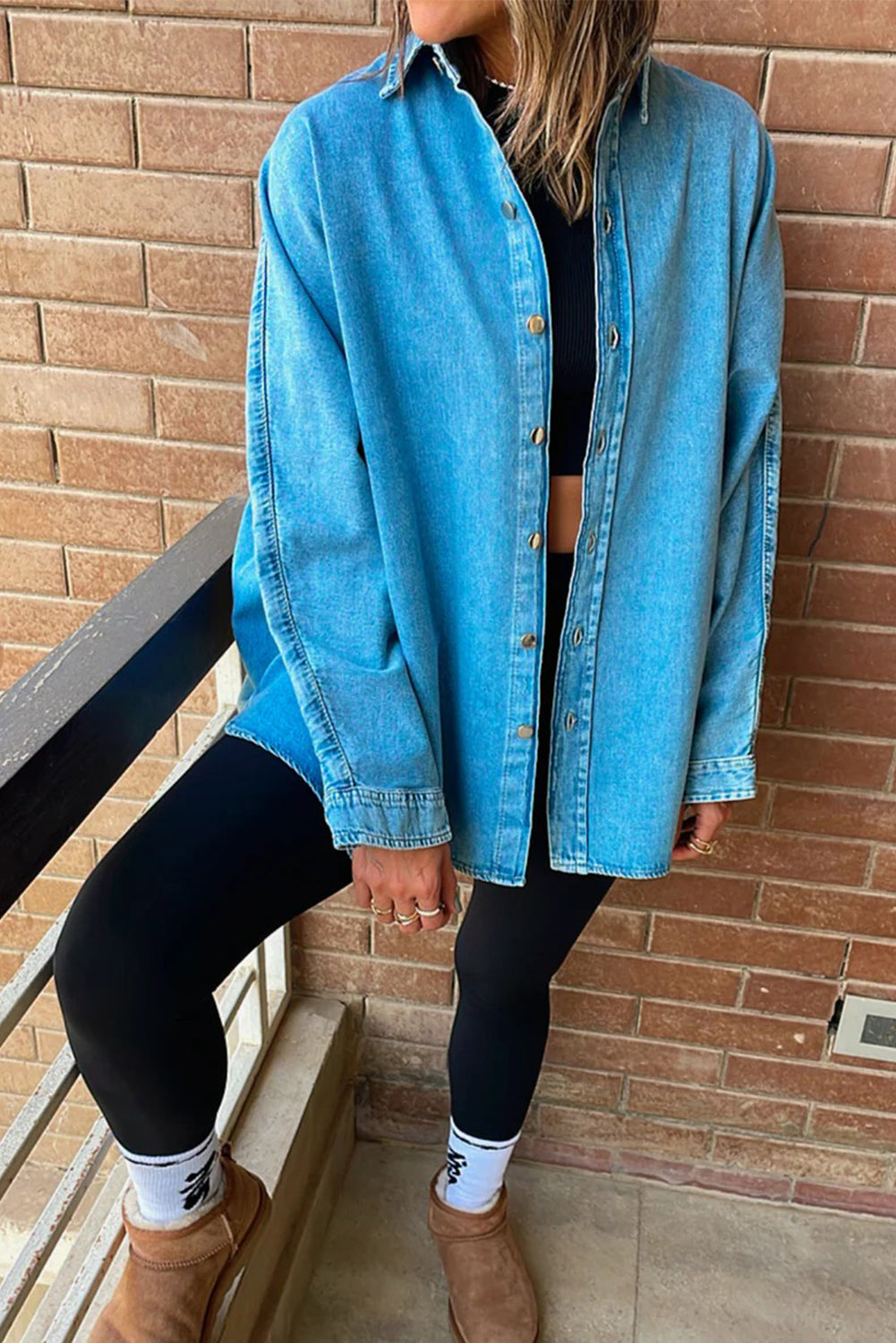 Light Blue Boyfriend Denim Jacket for Women with Contrast Panel & Buttons - Stylish Casual Chic for Everyday Outfits