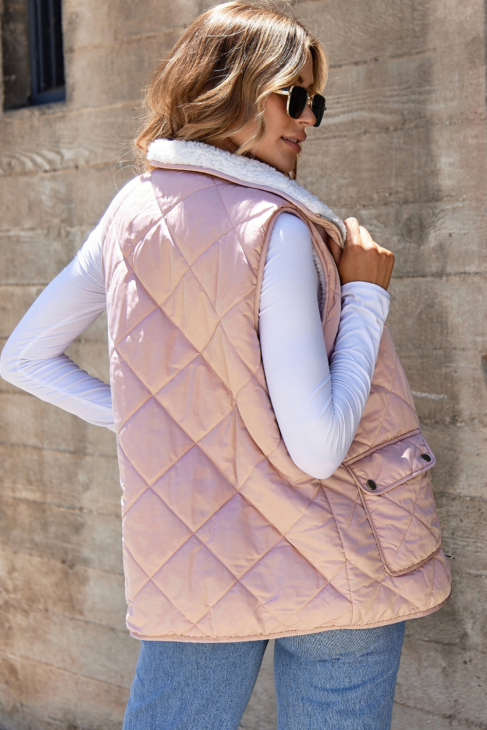 Cozy Women's Pink Quilted Vest Coat with Fleece Lining  Stylish Fall/Winter Outerwear for Effortless Warmth and Fashion