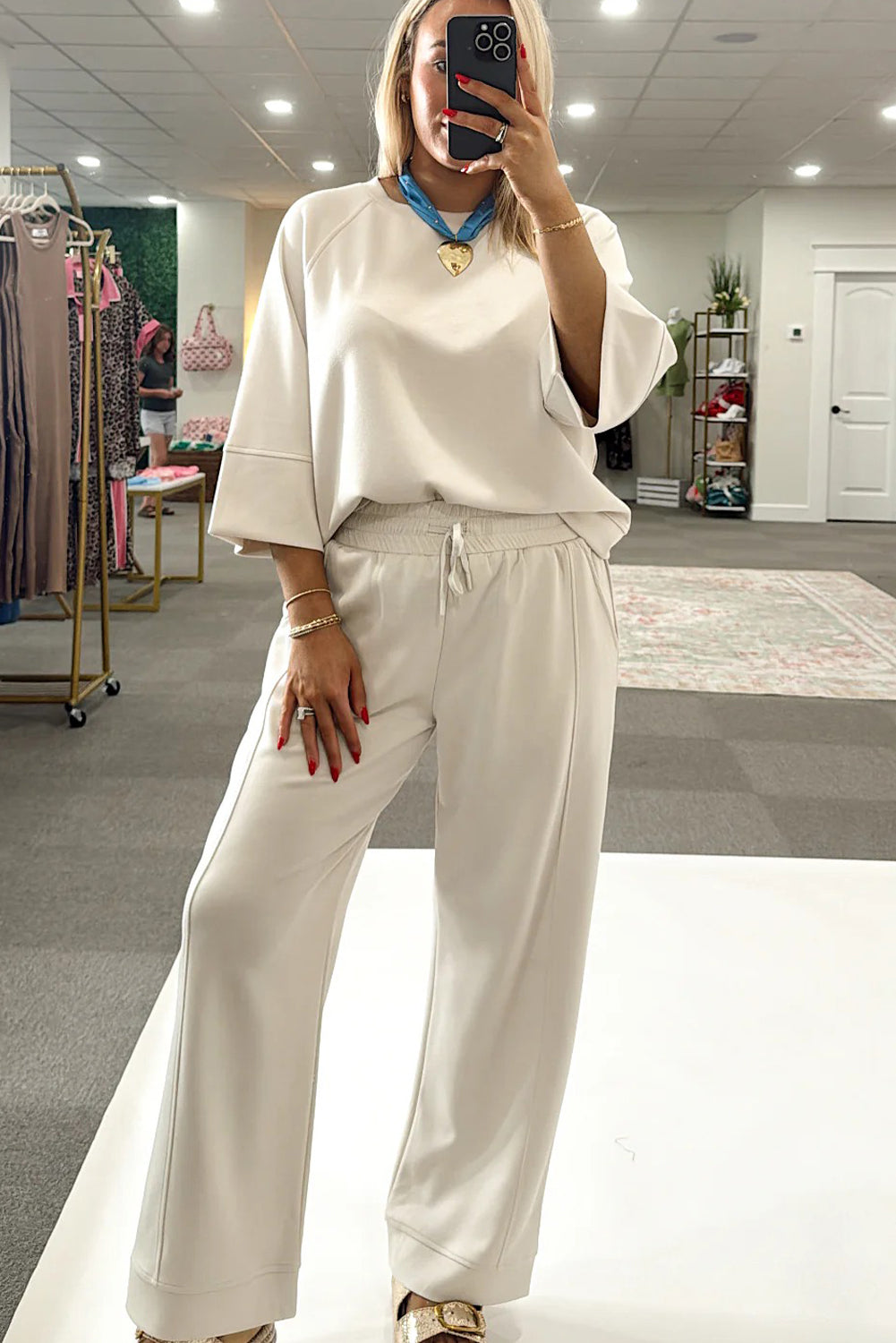 Women's Jet Stream Solid 3/4 Sleeve Loose Pullover & Drawstring Pants Set - Comfortable Casual Outfit in Versatile Color