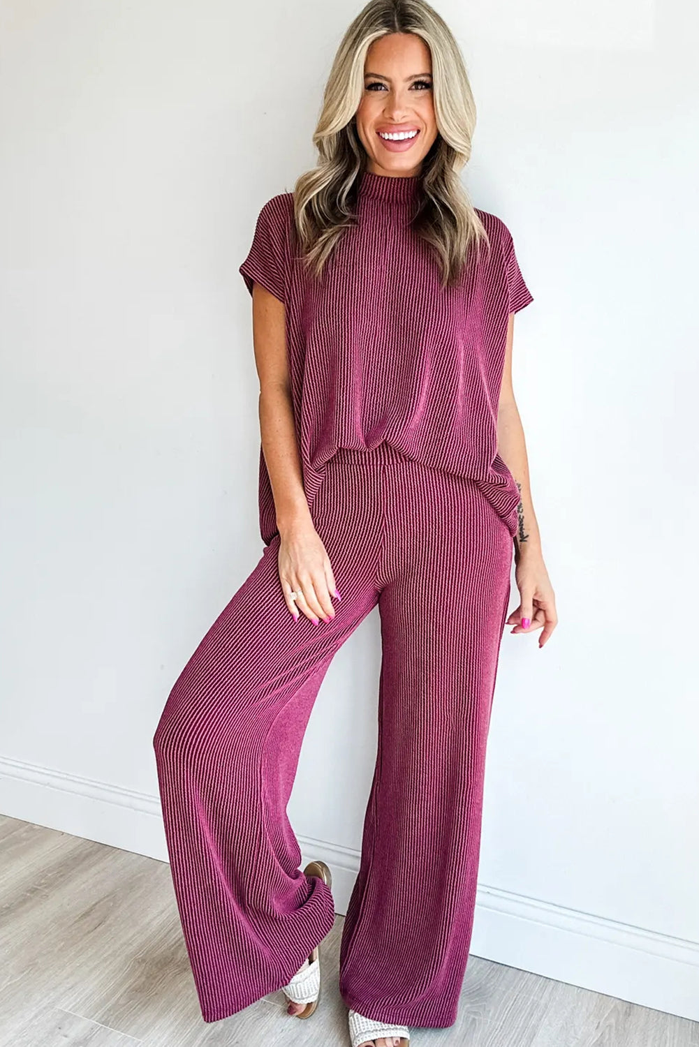 Burgundy High Neck Loose Tee & Elastic High Waist Pants Set for Women - Trendy Twisted Ribbed Lounge Wear Outfit