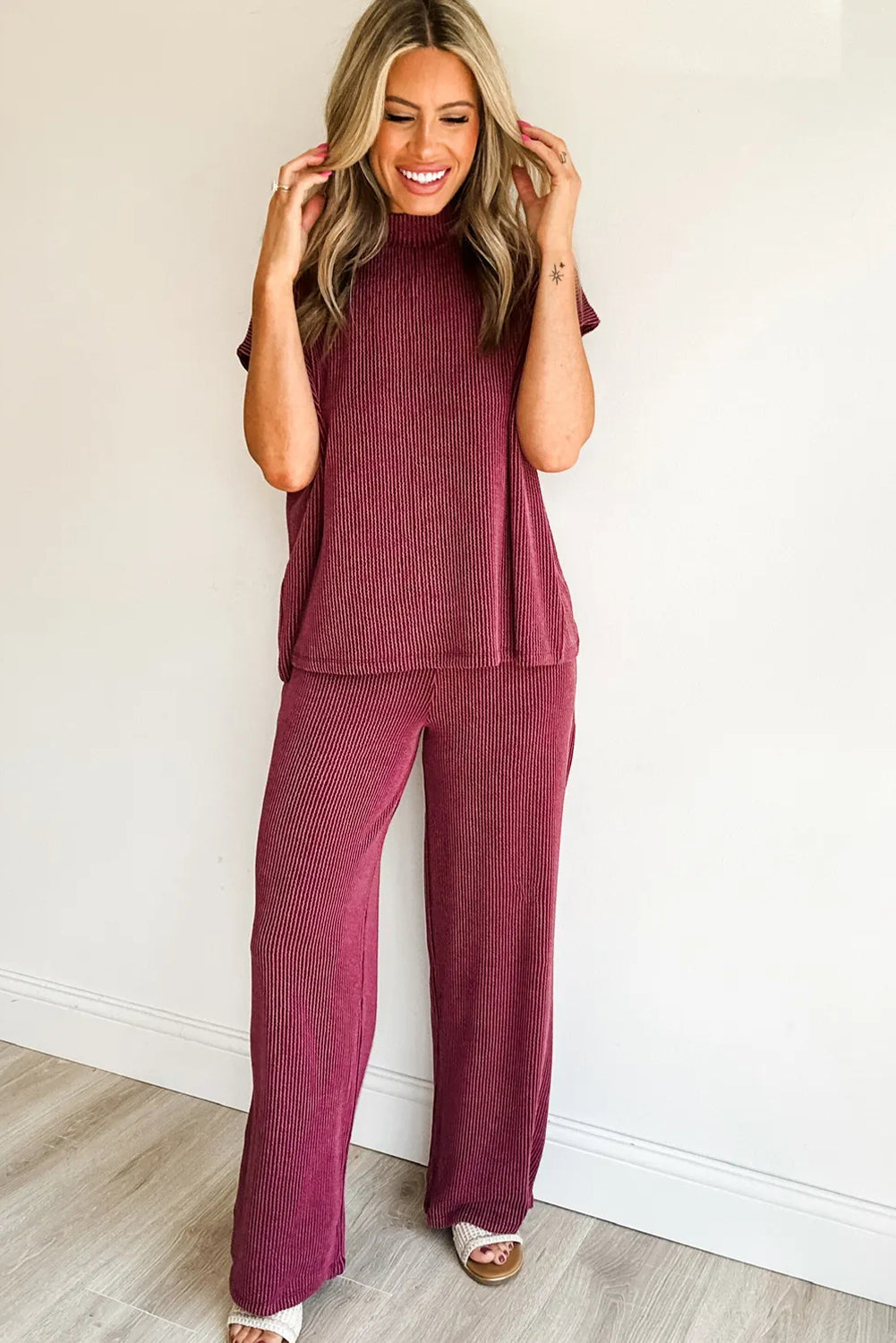 Burgundy High Neck Loose Tee & Elastic High Waist Pants Set for Women - Trendy Twisted Ribbed Lounge Wear Outfit