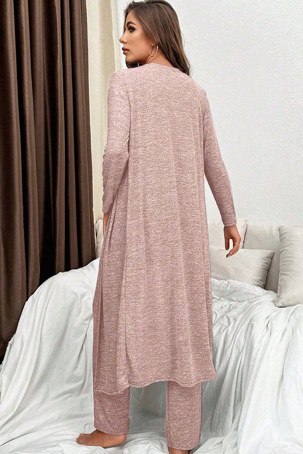 Effortlessly Stylish Women's 3-Piece Lounge Set: Soft Slim T-Shirt, Comfy Pants & Open Duster in Elegant Pastel Colors